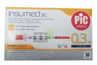 Інсуліновий шприц Insumed 0,3 мл U-100 з інтегрованою з голкою 30G, 0,30*8 мм, 30 шт. 95263875 фото