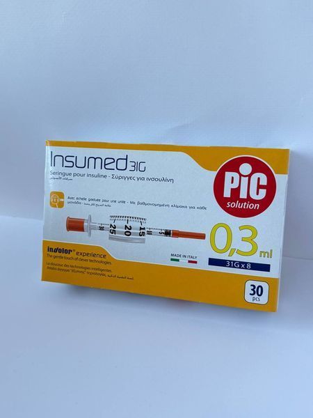 Инсулиновый шприц Insumed 0,3 мл U-100 с интегрированной с иглой 31G,  0,25*8 мм, 30 шт. 963859685 фото