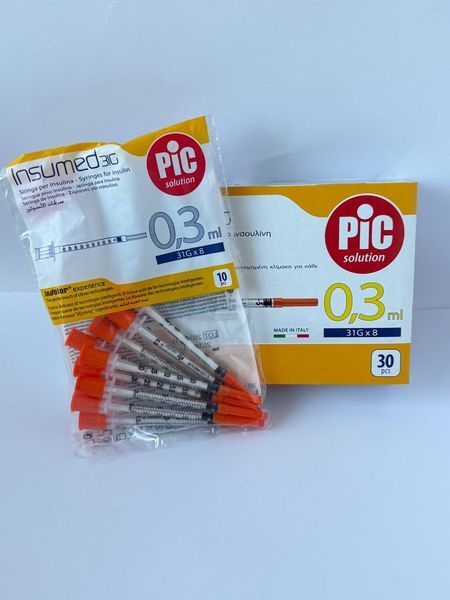 Инсулиновый шприц Insumed 0,3 мл U-100 с интегрированной с иглой 31G,  0,25*8 мм, 30 шт. 963859685 фото