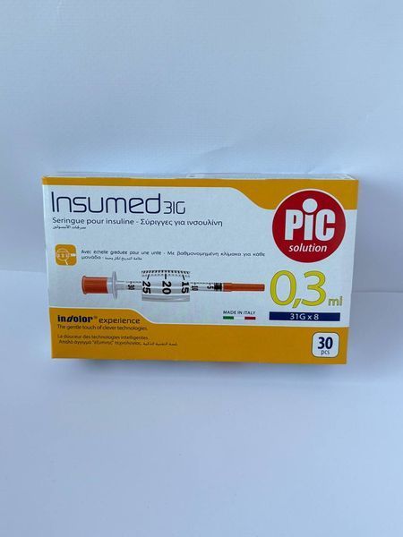 Инсулиновый шприц Insumed 0,3 мл U-100 с интегрированной с иглой 31G,  0,25*8 мм, 30 шт. 963859685 фото