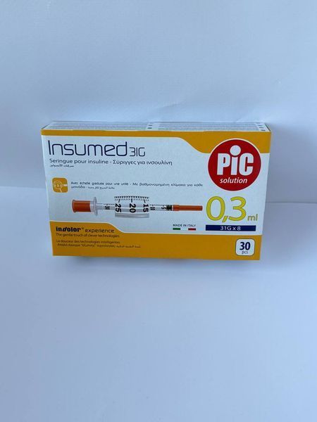 Инсулиновый шприц Insumed 0,3 мл U-100 с интегрированной с иглой 31G,  0,25*8 мм, 30 шт. 963859685 фото