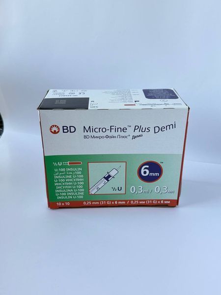 Шприцы инсулиновые (Микро-Файн) Micro-fine Plus Demi U-100/0,3 мл х 31G (0.25мм*6мм), 10 шт 2605625972 фото